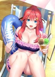 arm_strap bandeau bare_arms bare_belly bare_legs bare_shoulders bare_thighs beach beach_chair big_breasts bikini blue_eyes blush breasts cleavage collarbone frilled_bikini go-toubun_no_hanayome hair_ornament ice_cream ice_cream_on_face kosmos_beta long_hair nail_polish nakano_itsuki on_chair open_mouth outdoors pink_nail pink_nails ponytail red_hair shiny_skin sitting smile strapless_bikini swim_ring thigh_strap thighs