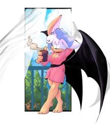 1girls anthro barefoot bat bat_wings chiropteran cleavage cup drink feet female hot_drink mobian_(species) noideasfornicks robe rouge_the_bat sega sonic_(series) tan_body towel white_fur white_hair wings