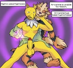 animated arcanine caine_latrans_(artist) clothed clothing dominant dominant_male dress_shirt generation_1_pokemon hand_under_chin hypno_(pokemon) hypnosis hypnovember2024 interspecies male male/male mind_control nintendo partially_clothed pokemon pokemon_(species) pokemon_move pokephilia psychic shirt short_playtime submissive submissive_male text_box topwear