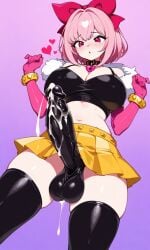 1futa ai_generated bashli big_penis black_penis black_shirt brawl_stars condom crop_top cum futanari huge_breasts melodie_(brawl_stars) necklace pink_eyes pink_gloves pink_hair solo solo_futa yellow_bracelet yellow_skirt