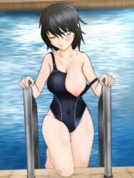 black_hair blue_eyes huge_breasts nipple_piercing nipple_slip nipples one_piece_swimsuit school_uniform stickvenezuela swimsuit wardrobe_malfunction