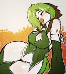 1girls 2016 anthro avante92 avian beak big_breasts blush bottomless breasts brown_feathers brown_hair cleavage closed_eyes clothed clothing collar dartrix erect_nipples eyelashes feathers female green_feathers green_hair green_skin hair hair_over_one_eye hi_res nintendo owl poke_ball pokemon pokemon_sm pussy sitting smile solo text thick_thighs video_games white_feathers white_skin wide_hips wings