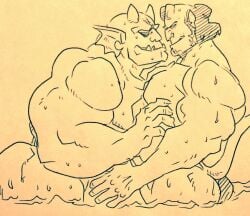 bara crossover dc dc_comics demon etrigan facial_hair gay hellboy hellboy_(series) male male_only monochrome muscles muscular nude sideburns staticlustdemons wet wuffinarts