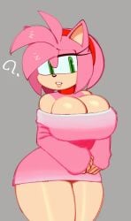 2024 ? amy_rose big_breasts breasts cleavage female female_focus female_only fiinel furry gray_background green_eyes grey_background headband hedgehog pink_hair pink_lips pink_sweater sega sonic_(series) tan_body thick_thighs thighs