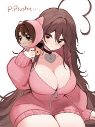 1girls blush brown_hair female_only indie_virtual_youtuber long_hair not_porn plushie_focus sky_(skyaboveme) skyaboveme solo solo_focus thighs virtual_youtuber white_background