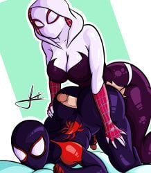 1boy 1futa ass ass_focus bed bent_over big_ass big_breasts big_penis breasts buttjob clothed_sex clothing dark-skinned_male futa_on_male futanari gwen_stacy gwen_stacy_(spider-verse) hand_on_ass hand_on_butt hoodie jerking_off kappitaec light-skinned_futanari marvel marvel_comics mask masked masturbation miles_morales miles_morales_(spider-verse) penis penis_between_ass spider-man spider-man:_into_the_spider-verse spider-man_(series) superhero superheroine thick thick_ass thick_thighs