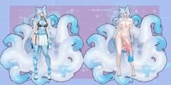 1futa 1girls alolan_ninetales balls big_breasts breasts clothed clothing duo erection female feya_(futaflux) fully_clothed futa_on_female futanari horsecock huge_balls huge_cock human light-skinned_futanari light_skin monster_girl nude penis standing syreneon