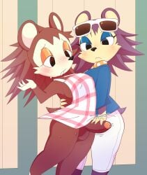 animal_crossing anthro apron apron_only balls blush bodily_fluids bottomwear brown_body clothing duo eulipotyphlan eyeshadow eyewear eyewear_on_head female futanari genital_fluids genitals gynomorph handjob hedgehog hi_res incest_(lore) intersex intersex/female jacket labelle_able makeup mammal nintendo pants penile penis precum purple_body sable_able sex sibling_(lore) sister_(lore) sisters_(lore) sunglasses sunglasses_on_head sweat tail tetsuwan topwear