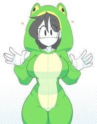 black_eyes black_hair breast_outline female female_focus female_only frog_girl green_clothing humanoid marie_(tag-a-long) mouthless mouthless_female onesie original original_art original_artwork tag-a-long white_body white_skin