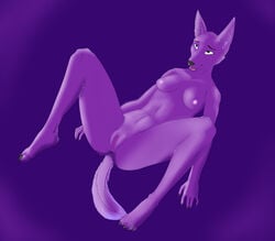 2015 abstract_background anthro anus ass big_ears breasts canine clitoris eager excited facelessmaker female fur hair heterochromia highlights legs_up lying mammal multicolored_fur multicolored_hair navel nipples nude on_back pink_nipples purple_hair pussy simple_background smile starlight thick_tail waiting wolf