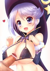 bare_shoulders bikini_top bikini_warriors blush breasts censored cleavage erect_nipples female hat hetero kane-neko large_breasts mage_(bikini_warriors) open_mouth paizuri penis pointless_censoring purple_eyes purple_hair short_hair smile solo_focus witch_hat