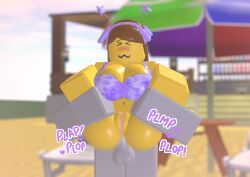 1boy 1boy1girl 1girls 3d :3 anal anal_sex beach_background big_breasts blocky_body bloxzrd blush blushing brown_hair female legs_up plap purple_bikini reverse_suspended_congress roblox roblox_avatar robloxian shiny_butt text woman yellow_body yellow_skin