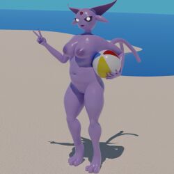 1:1 3d_(artwork) anthro ball beach big_breasts breasts digital_media_(artwork) eeveelution espeon exaltr female generation_2_pokemon genitals huge_breasts looking_at_viewer nintendo pokemon pokemon_(species) pussy simple_background solo tail thick_thighs