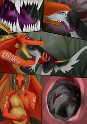 2015 anthro belly black_fur chubby dragon drooling duo fangs fur green_eyes grey_fur grey_markings gustav internal larger_male male markings multicolored_scales open_mouth orange_eyes orange_markings orange_scales penis purple_tongue red_markings red_scales saliva scales sergal sharp_teeth size_difference smaller_male snowshadow_(artist) soft_vore sound_effects teeth text tongue tongue_out tonza two_tone_scales vore white_sclera wide_eyed yaoi yellow_markings