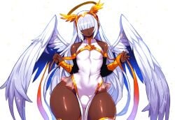 1boy ai_generated alriel angel angel_wings curvaceous curvy dark-skinned_femboy dark-skinned_male dark_skin femboy halo hyper_hips mullon novelai original sissy thick_thighs trap white_hair wide_hips