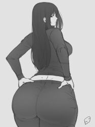 1girls ass ass_focus big_ass child_bearing_hips death_note female female female female_focus female_only from_behind grey_background greyscale hair_behind_ear hands_on hands_on_hips hands_on_own_hips highres hourglass_figure hourglass_figured_female huge_ass long_hair long_sleeves looking_at_viewer looking_back mature mature_female mature_woman medium_breasts milf monochrome naomi_misora pants pov pov_eye_contact shirt sleeves solo spellsx thick thick_ass thick_thighs v-shaped_eyebrows very_long_hair