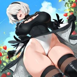 1girls ai_generated big_breasts blindfold blush breasts female female_focus female_only huge_breasts large_breasts nier:_automata short_hair thick_thighs thighs white_hair yorha_2b