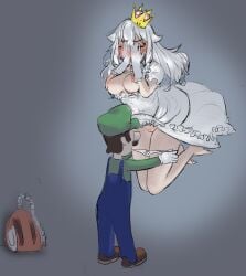 1boy 1girls blue_overalls blush bowsette breasts breasts_out brown_hair clothing crown dress duo facial_hair female floating ghost ghost_girl gijun gloves green_hat green_shirt humanoid luigi luigi's_mansion male mario_(series) moustache nintendo nipples panties pulling_panties_down pussy straight vacuum voluptuous voluptuous_female white_dress white_gloves white_hair