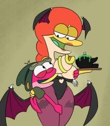 1boy 1girls amphibia amphibia_(series) amphibian anthro breasts cleavage clothed clothing cosplay darkstalkers felicia_sundew female halloween head_wings heart hips holidays male morrigan_aensland_(cosplay) sprig_plantar takeshi1000 thick_thighs thighs tongue tongue_out wide_hips wings