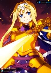 ai_generated alice_schuberg armor blonde_hair blue_eyes braided_hair coating female juanpiamvs long_hair patreon patreon_username subscribestar subscribestar_username sword sword_art_online watermark