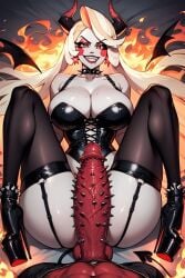 ai_generated ankle_cuffs black_corset charlie_morningstar_(hazbin_hotel) collar demon_girl demon_horns demon_tail evil_eyes evil_grin fire huge_cock leggings make_up mouth_piercing platform_heels spiked_penis thick_thighs