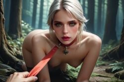 ai_generated breasts ciri completely_nude cunningstuntda dog_leash female forest green_eyes leash_and_collar light-skinned_female light-skinned_male looking_at_viewer male nipples nude outdoors the_witcher_(series) the_witcher_3:_wild_hunt white_hair