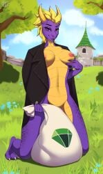 absurd_res activision anthro areola bag belly breasts castle clothing dragon female genitals hi_res horn humanoid jacket kneeling mtf_crossgender mythological_creature mythological_scalie mythology navel nipples outside purple_body rule_63 scalie solo spyro spyro_the_dragon topwear v3nusbby