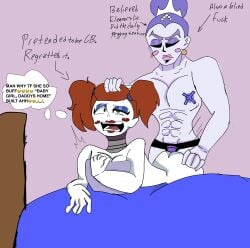 2girls 2robots abs ballora ballora_(fnafsl) bed bent_over_bed blue_blanket blue_makeup blush closed_eyes closed_mouth crackship crown doggy_style doppelganger eleanor_(fnaf) female_only femdom femsub five_nights_at_freddy's five_nights_at_freddy's:_sister_location fnaf_novels green_eyes lesbian_sex muscle_girl muscles muscular muscular_female nipple_covers nipples nipples_visible_through_clothing open_mouth pillow pillow_grab purple_hair purple_makeup red_hair simple_background simple_shading strap-on strap-on_sex twink yuri