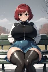 ai_generated daidouji_(artist) daidoujipv female jacket kim_pine outdoors outside park park_bench red_hair scott_pilgrim sitting skirt solo solo_focus stockings thick_thighs wide_hips winter