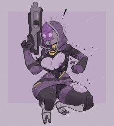 alien demidoggo exposed_breasts gunfire large_breasts mask mass_effect suprised tali'zorah_nar_rayya thick_thighs torn_clothes