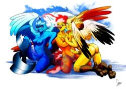 anthro articuno ass avian beak big_breasts blue_eyes blush breast_grab breast_squish breasts dodolovelove feathered_wings feathers fire fire_(pokemon) freezer_(pokemon) group herm intersex legendary_pokemon moltres nintendo nipples nude penis pokemon pokemon_(species) pose precum purrsy pussy_juice red_eyes sitting talons thunder_(pokemon) video_games wings zapdos