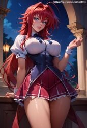 ai_generated black_corset blue_bow blue_eyes curvy female from_below high_school_dxd highres hourglass_figure indoors large_breasts leaning leaning_back lips looking_at_viewer mansion narrow_waist night pleated_skirt qwertart red_hair red_skirt rias_gremory slim slim_waist smile solo tagme white_shirt wide_hips