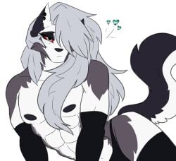 1boy abs adorable ambush_(trap) ambush_loona anthro_only big_muscles bulge cassielink cute dialogue eyeliner femboy feminine feminine_male furry gay gay_male gay_male_pride_colors genderswap_(ftm) grey_body grey_fur grey_hair hair_covering_eye helluva_boss james_andromeda long_hair loona_(helluva_boss) male male_focus male_loona male_only muscles muscular muscular_femboy muscular_male nipples pecs pectorals pride_colors rule_63 shirtless solo solo_male strong thong topless topless_male white_background white_body white_fur wolf wolf_boy