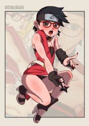 alternate_costume armpit_crease bangs black_eyes black_hair black_underwear blush boruto:_naruto_next_generations cleavage erect_nipples_under_clothes forehead_protector high_heels lipstick long_fingernails miniskirt murasaki_akiyama naruto naruto_(series) open_toe_shoes pantyshot red_fingernails saliva saliva_string sarada_uchiha shiny_skin short_hair simple_background teenage_girl teenager tight_clothing young younger_female