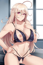 1girls ahoge angry armpit aslindsamure big_breasts blonde_hair blurry_background collarbone crotchless_panties female girls'_frontline hair_between_eyes hand_on_hip lingerie long_hair mole_under_eye navel nippleless_bra nippleless_clothes nipples pink_eyes ptrd_(girls'_frontline) pussy red_eyes sitting