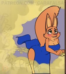 anthro biting_lip carafalsa diane_foxington doorknob dress dress_lift facial_piercing fart fart_cloud fart_fetish farting female fox furry gas gassy long_ears orange_fur piercing relief straining the_bad_guys