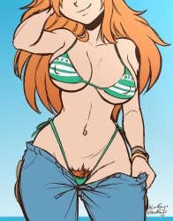 1girls belly_button bikini bikini_bottom bikini_top bush eyes_out_of_frame female female_focus female_only hips jeans large_breasts light-skinned_female light_skin long_hair lordguyis nami nami_(one_piece) one_piece orange_hair pants_down pubes pubes_exposed pubic_hair pulling_down_pants sketch smirk smirking_at_viewer solo