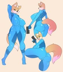 1girls anthro ass big_ass big_breasts breasts busty cameltoe canine cleavage clothed clothing female fox fox_ears fox_mccloud fox_tail fur furry gun huge_breasts mammal nintendo nipple_bulge pbrown plump_labia pussy ranged_weapon rule_63 solo star_fox video_games voluptuous weapon zero_suit