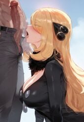 1boy 1girls ai_generated black_coat blonde_hair blush cleavage cynthia_(pokemon) dark-skinned_male drooling fur_trim hair_ornament imminent_fellatio large_breasts penis penis_awe pokemon sweat tongue_out veiny_penis very_long_hair