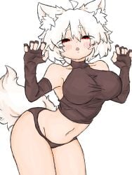 arched_back black_panties black_shirt blush breast_focus fumomono6500 large_breasts looking_at_viewer momiji_inubashiri presenting red_eyes shirt tail thick_thighs white_hair