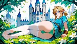 1boy ai_generated ass_focus ass_out breath_of_the_wild clothed eyeshadow femboy femboy_only femboy_solo garden link link_(breath_of_the_wild) looking_back panties solo the_legend_of_zelda thighhighs tunic