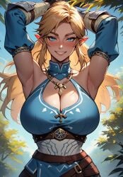 1female 1girls aedel_elves aedel_hentai aedel_sfw ai_generated armor armored_female armored_gloves arms_behind_head arms_up blonde_hair blonde_hair_female blue_eyes blush blush_lines blushing_at_viewer breasts elf elf_ears elf_female elf_girl fantasy gender_transformation genderbent genderswap_(mtf) huge_boobs huge_breasts link link_(breath_of_the_wild) link_(tears_of_the_kingdom) massive_breasts necklace rule_63 sfw sfw_version the_legend_of_zelda zelda_(breath_of_the_wild)