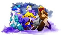 abstract_background anthro breast_grab breast_squish breasts brown_hair crouching dodolovelove entei female fur group hair legendary_pokemon nintendo nude pokemon pokemon_(species) purple_hair pussy raikou red_eyes simple_background smile suicune video_games