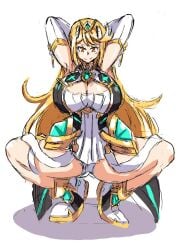 1girls armpits big_breasts blonde_hair breasts busty cleavage cleavage_cutout clothing_cutout female female_only highres large_breasts legs long_hair looking_at_viewer mythra_(xenoblade) naughty_face panties pantyshot sensual sexy_armpits smile solo thick_thighs thighs underwear white_panties xenoblade_(series) xenoblade_chronicles_2 yellow_eyes