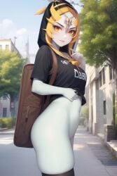 1girls ai_generated angry black_legwear breasts exposed_breasts female female_only fluffy jacket jacket_open midna nintendo pussy ruptuorie solo the_legend_of_zelda twili_midna twilight_princess