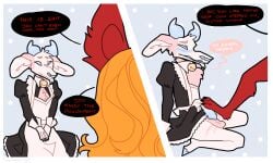 anthro balls blue_background blue_eyes blush bovid canid canine caprine clothed clothing crossdressing daddy_kink dialogue dominant dominant_anthro dominant_male dress duo english_text feet femboy foot_fetish foot_on_penis foot_play footjob fox fur genitals goat hamham_(hamham_gd) hamham_gd hi_res horn hybrid kneeling maid_uniform male male/male mammal penile penis pink_body pink_fur profanity red_body red_fur roleplay sex simple_background speech_bubble submissive submissive_anthro submissive_male text uniform white_background