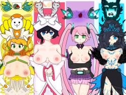 4girls boobs exposed_breasts kai_(battle_cats) kalisa_(battle_cats) kasli_the_bane long_hair long_hair_female mitama_(battle_cats) the_battle_cats