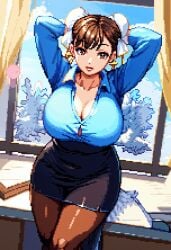 1girls arms_behind_head big_breasts breasts brown_eyes brown_hair bursting_breasts busty capcom chun-li cleavage double_bun female female_only hair_bun highres large_breasts legs looking_at_viewer office_lady pantyhose pixel_art red_lips skirt smile street_fighter thick_thighs thighs voluptuous wide_hips