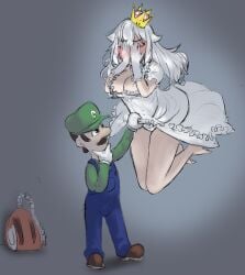 1boy 1girls blue_overalls blush boosette breasts brown_hair cleavage clothing covering_eyes crown dress duo facial_hair female floating ghost ghost_girl gijun gloves green_hat green_shirt humanoid lifting_dress luigi luigi's_mansion male mario_(series) moustache nintendo panties straight vacuum voluptuous voluptuous_female white_dress white_gloves white_hair