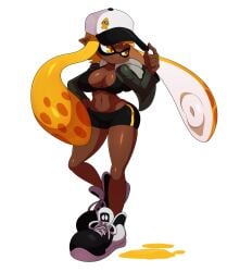 1girl 1girls 2016 2016s adjusting_headwear alternate_breast_size anthro baseball_cap belly_button big_breasts bike_shorts black_shorts blunt_bangs breasts cephalopod cephalopod_humanoid cleavage cleavage_cutout clothed clothes clothing_cutout crop_top dark-skinned_female dark_skin digital_drawing_(artwork) digital_media_(artwork) female female_focus female_only grey_clothing grey_hoodie hair hand_on_hip hand_on_own_hip hat headgear headwear highres hood hoodie humanoid inkling inkling_girl inkling_player_character large_breasts long_hair long_sleeves mask_(marking) matching_hair/eyes navel nintendo open_clothes open_hoodie paint_splatter pointy_ears revealing_clothes shoes short_shorts shorts simple_background single_vertical_stripe smile sneakers solo solo_female solo_focus splatoon splatoon_(series) squid squid_humanoid sssonic2 standing tentacle tentacle_hair white_background white_shoes yellow_eyes yellow_hair yellow_inkling_girl young